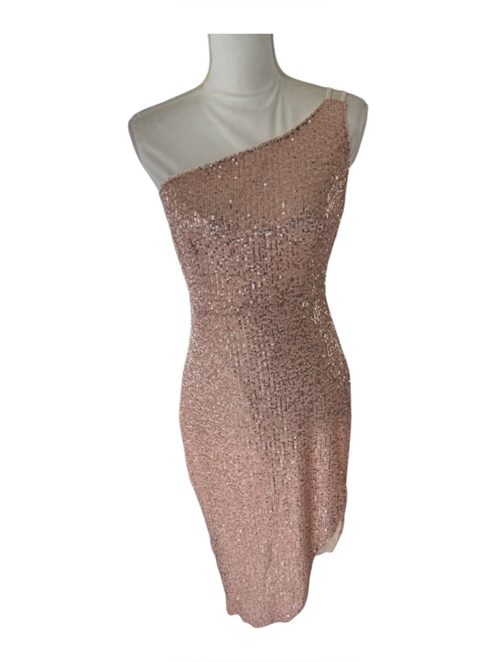 Kate Kasin Rose gold sequin body con one shoulder cocktail dress glam gala
